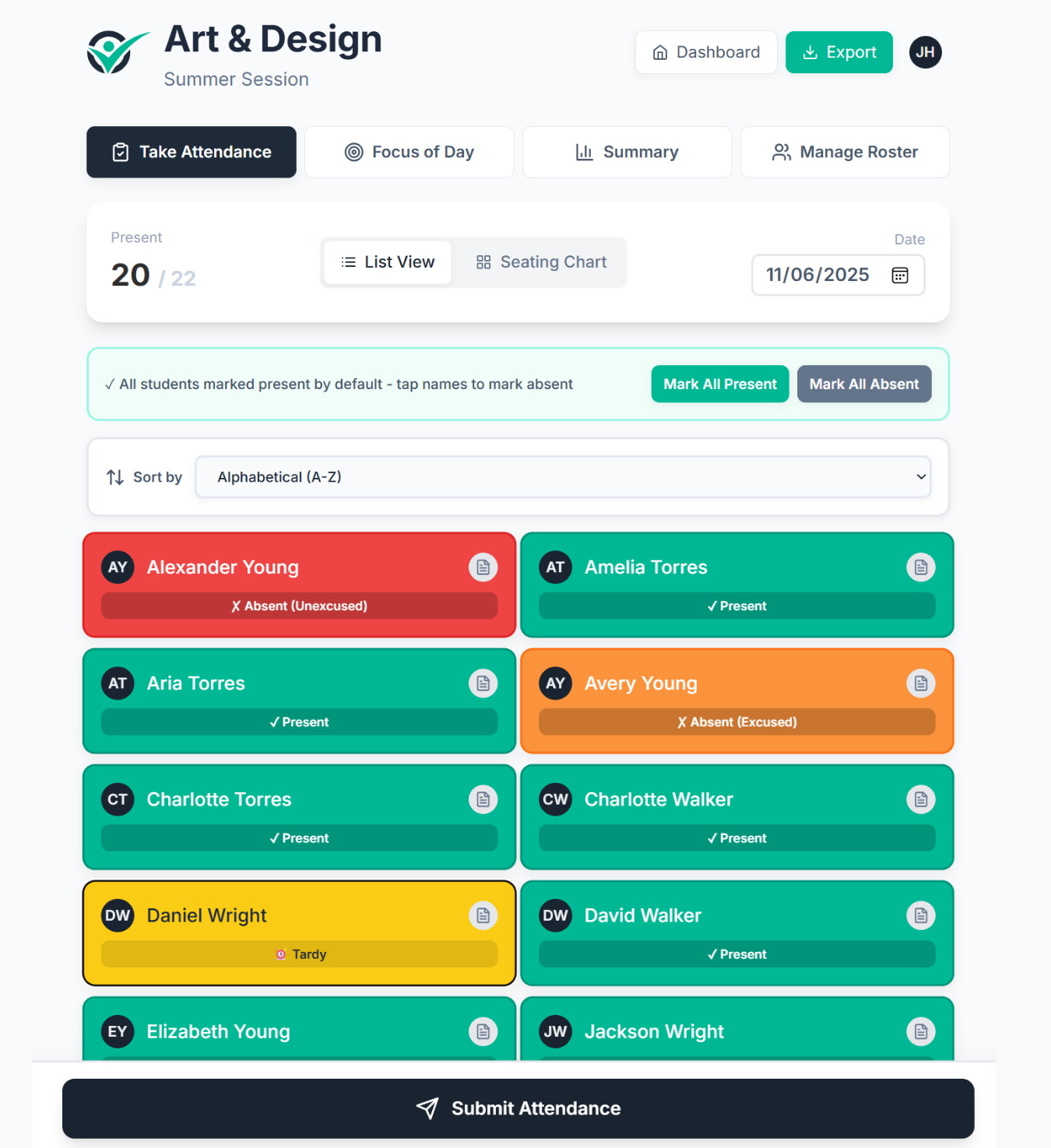 ClassTrack one-tap attendance interface showing a class roster with present, absent, and tardy buttons